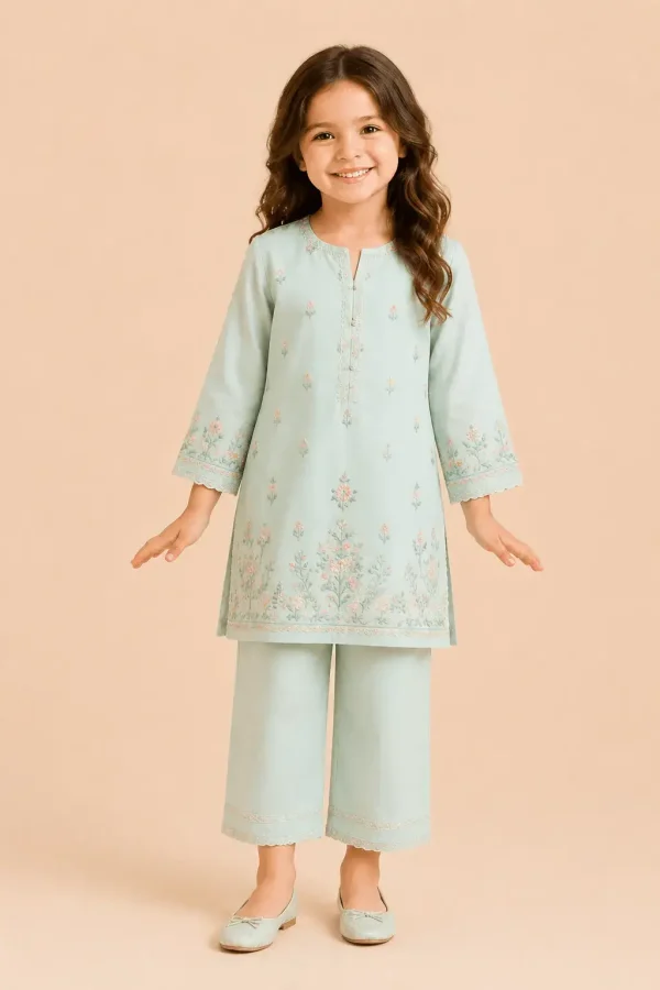 Mint Blossom Girls Embroidered Suit